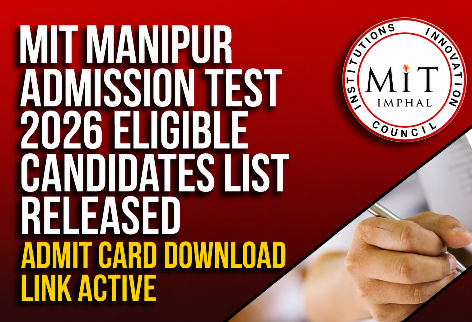MIT Manipur Admission Test 2026 Eligible Candidates List Released; Admit Card Download Link Active